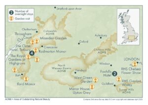 Map showing gardens and hotels on the tour